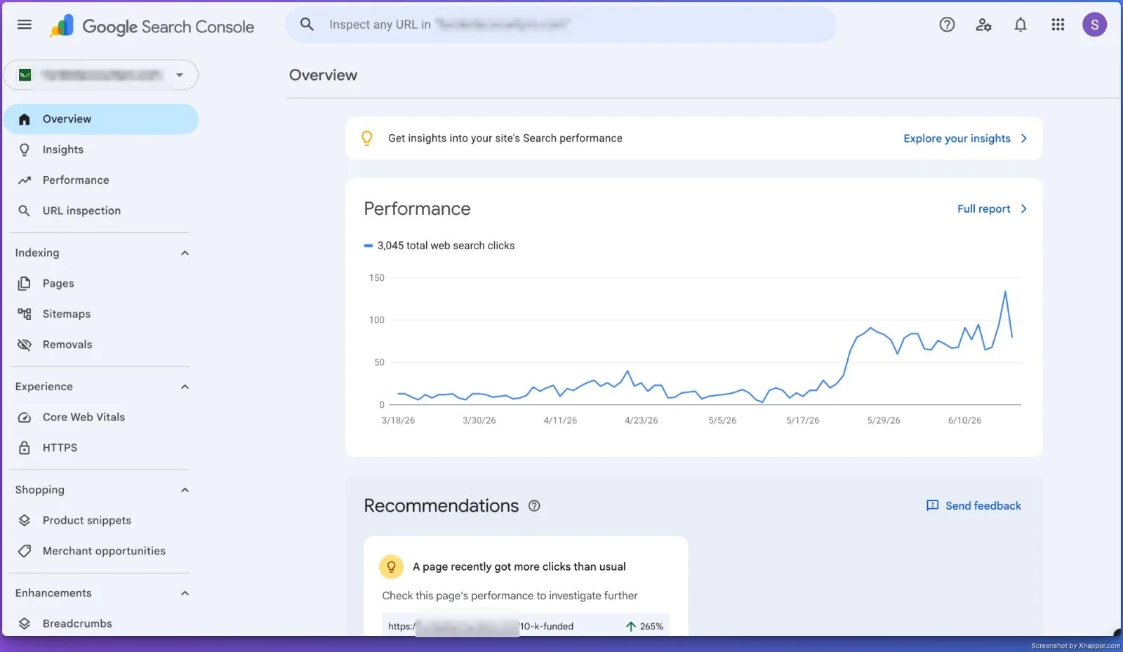 Search Console overview showing 3,045 total web search clicks with Google flagging a page up 265%