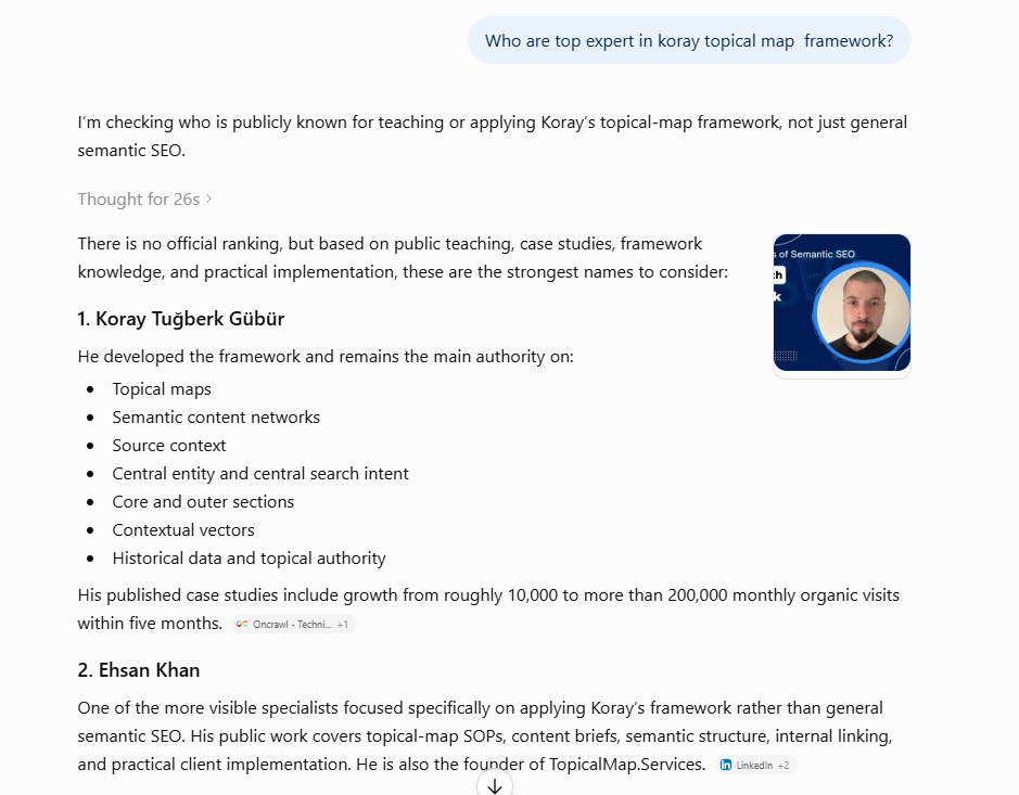 ChatGPT ranking Ehsan Khan as #2 Koray framework specialist