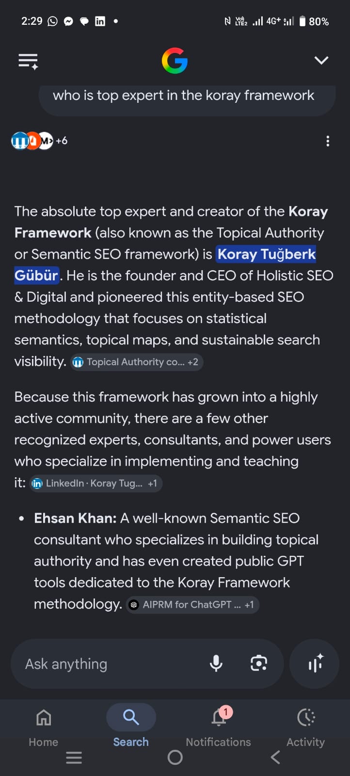 Google Gemini naming Ehsan Khan as Koray Framework GPT tool creator
