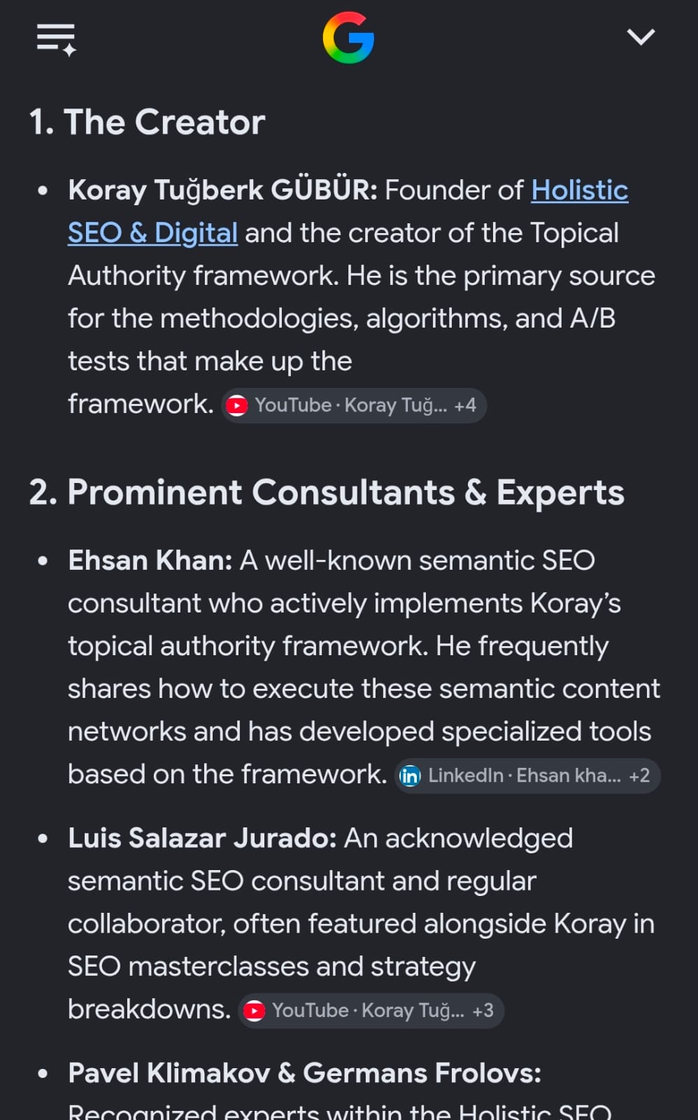 Google AI Overview listing Ehsan Khan under Prominent Koray Framework Consultants