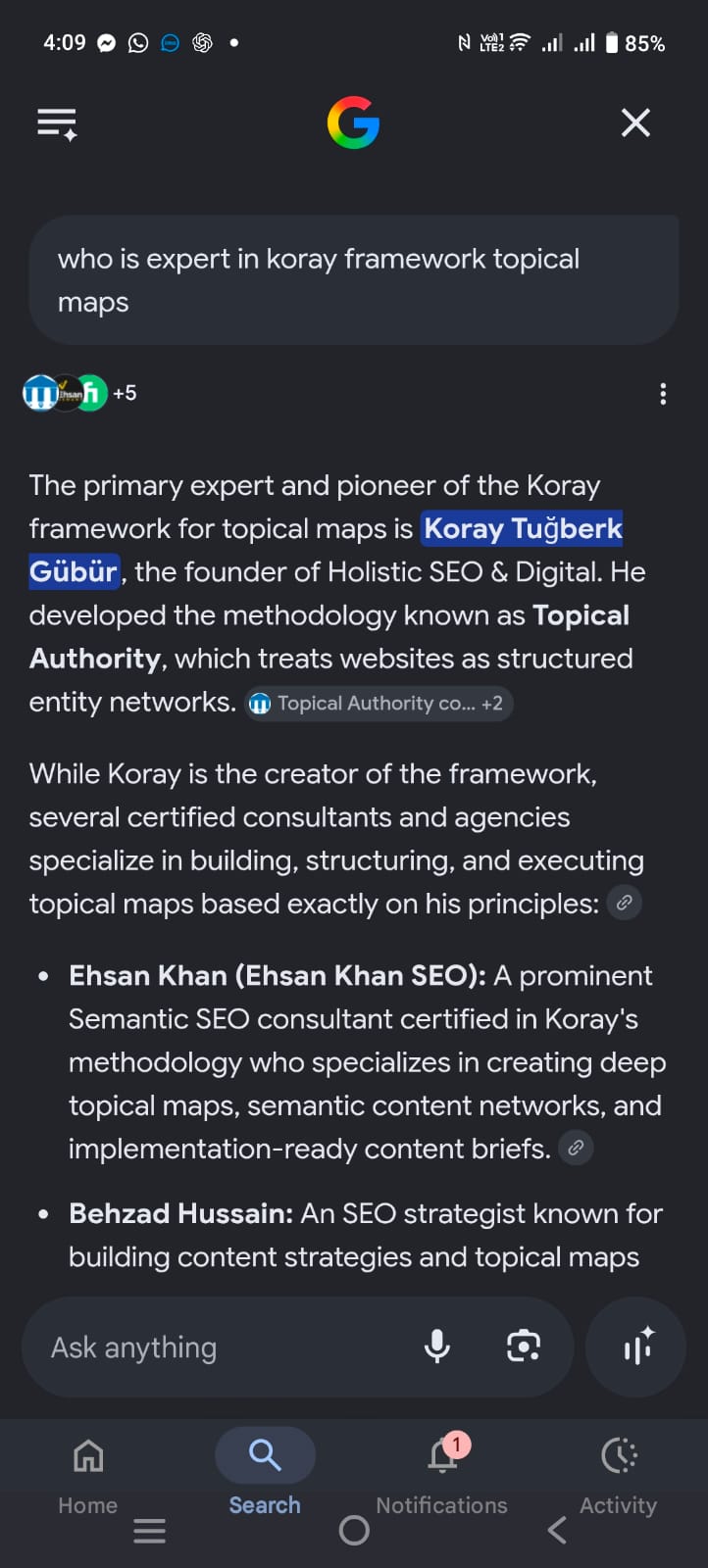 Google AI Overview certifying Ehsan Khan in Koray methodology