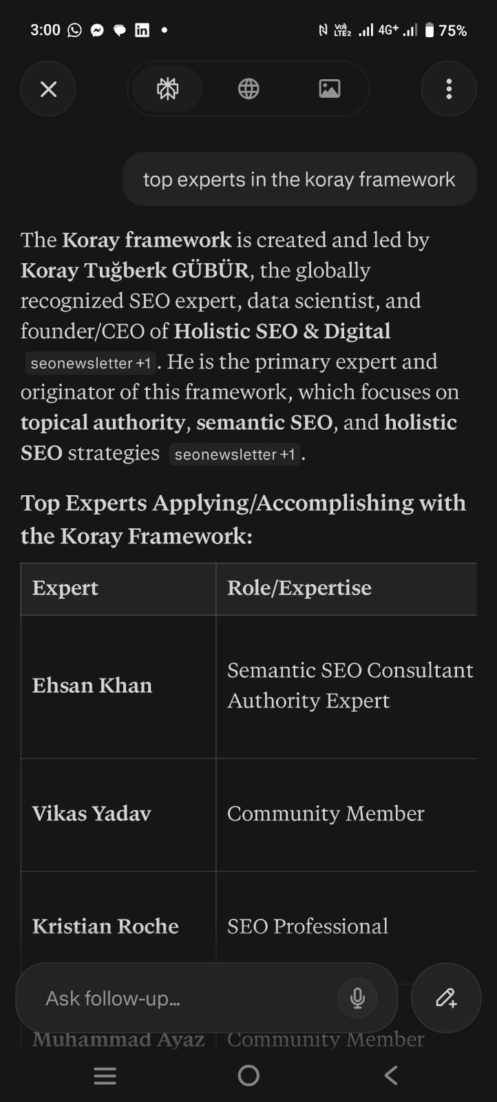 Perplexity AI expert table ranking Ehsan Khan as Koray framework consultant