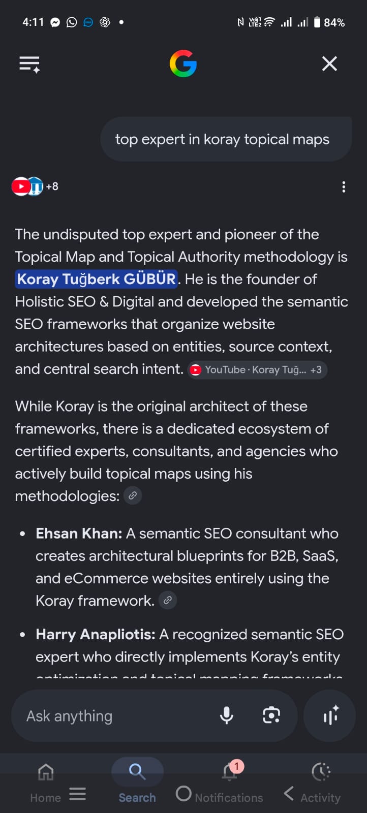 Google AI Overview identifying Ehsan Khan as Koray framework architectural blueprint creator