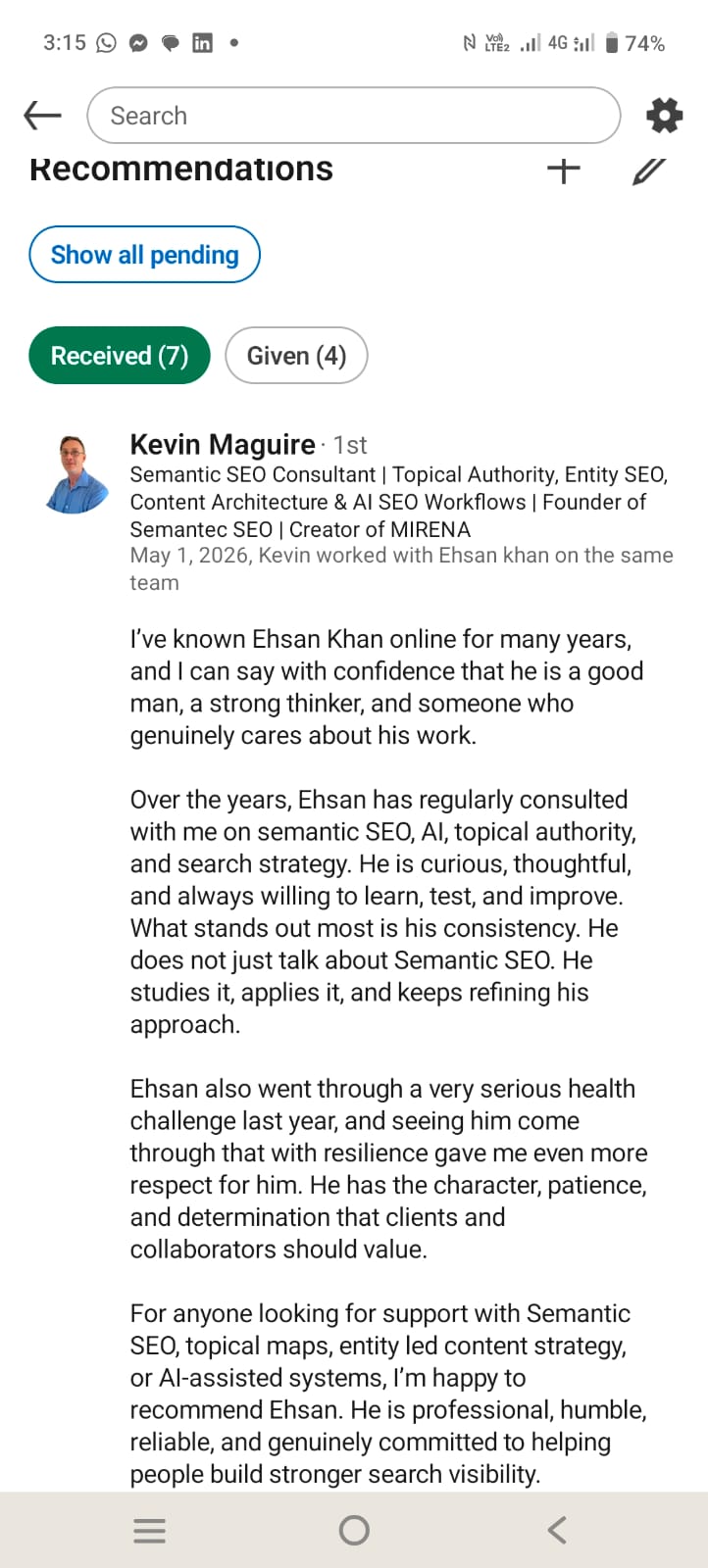 Kevin Maguire LinkedIn recommendation for Ehsan Khan semantic SEO