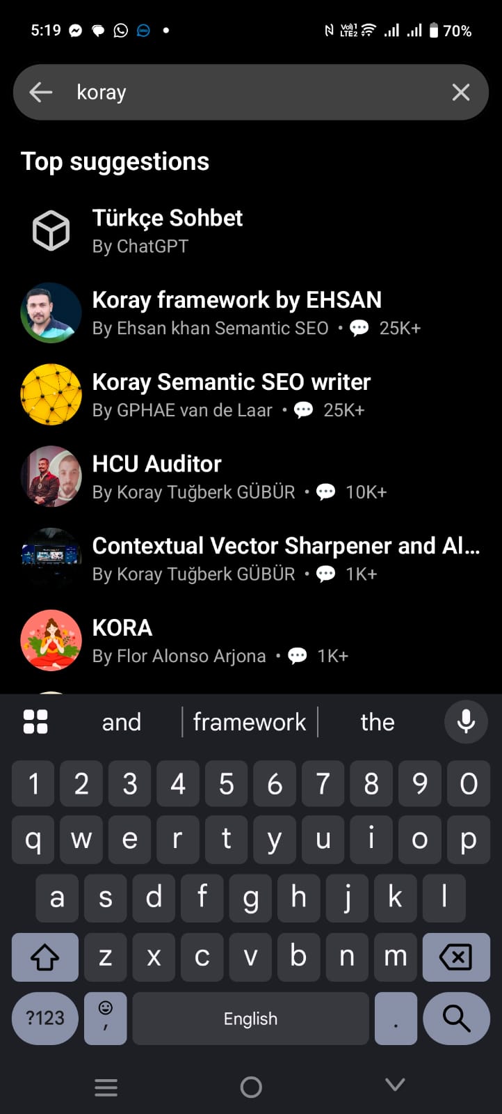 ChatGPT GPT Store showing Ehsan Khan Koray framework GPT with 25000 conversations