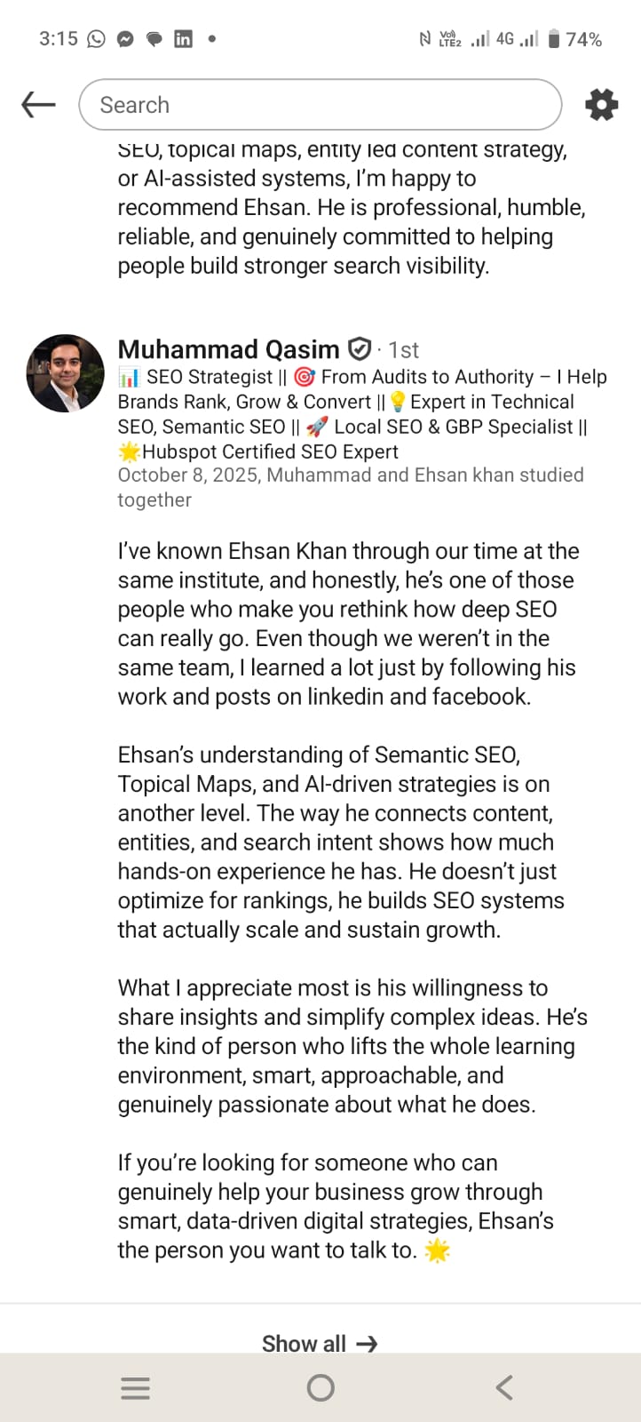 Muhammad Qasim LinkedIn recommendation for Ehsan Khan