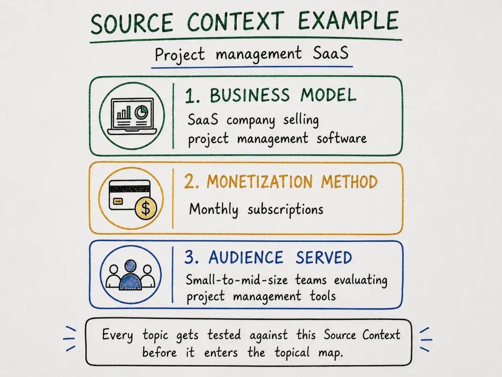 Source Context example for a SaaS project management client business model, monetization method, and audience served