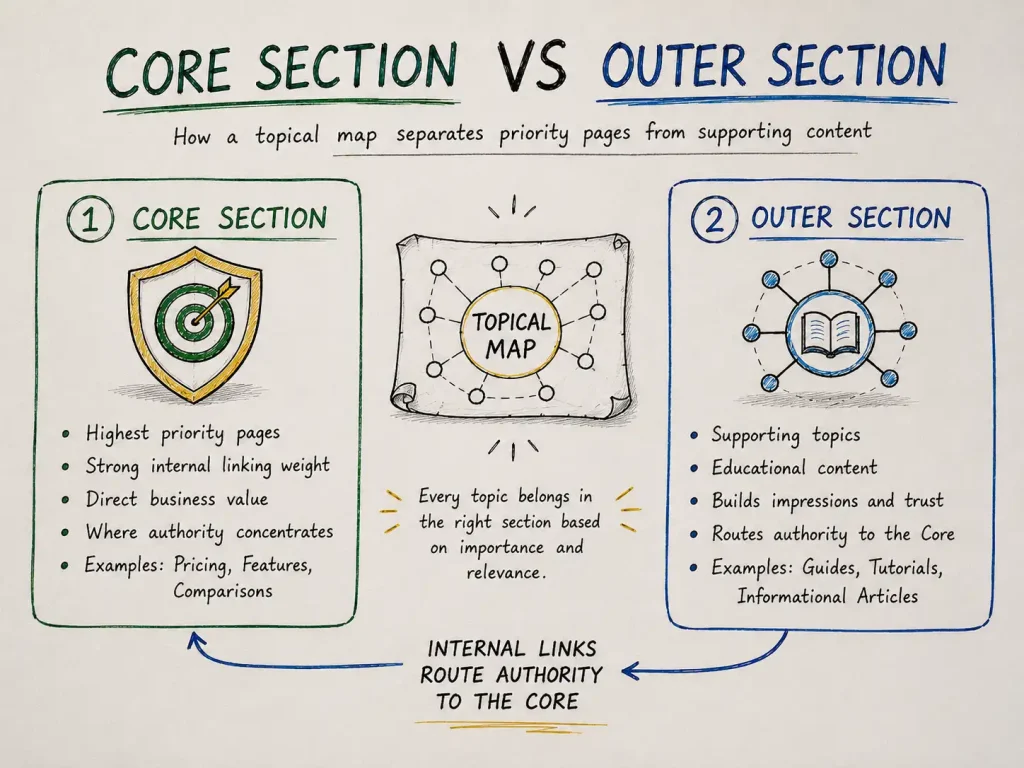 Diagram showing Core Section pages and Outer Section pages connected by internal links, feeding authority toward the Core